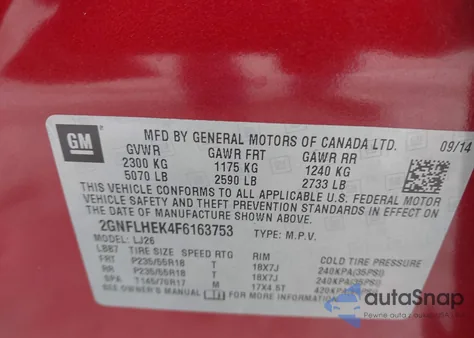 2015 Chevrolet Equinox Ltz z USA, uszkodzony, nr VIN 2GNFLHEK4F6163753